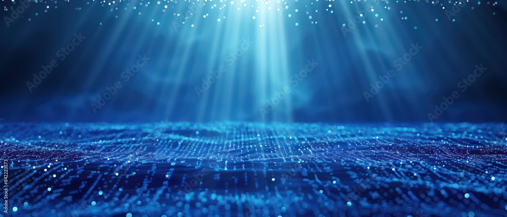 blue glowing digital background with an abstract grid of dots and lines ...