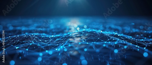 blue glowing digital background with an abstract grid of dots and lines representing the network effect in technology, with a dark blue gradient at the top for contrast