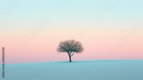 A minimalistic nature landscape with tree surrounded with desert at sunset with pink and blue background. A fantasy tree with magical view surrounded with grass area. Neutral image concept. AIG42. © Summit Art Creations