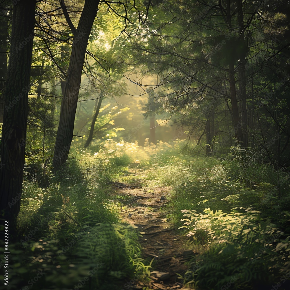 Sunbeams illuminate a path winding through a lush green forest.