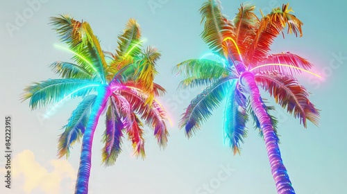 A vibrant and colorful summer display with two palm trees under neon rainbow lights, each frond a different color, against a light blue sky with few clouds, capturing a festive summer vibe.