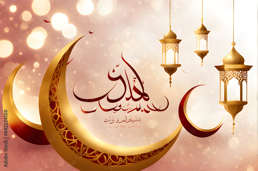 Naklejka premium Eid mubarak, realistic crescent moon and lantern, wish greeting poster,