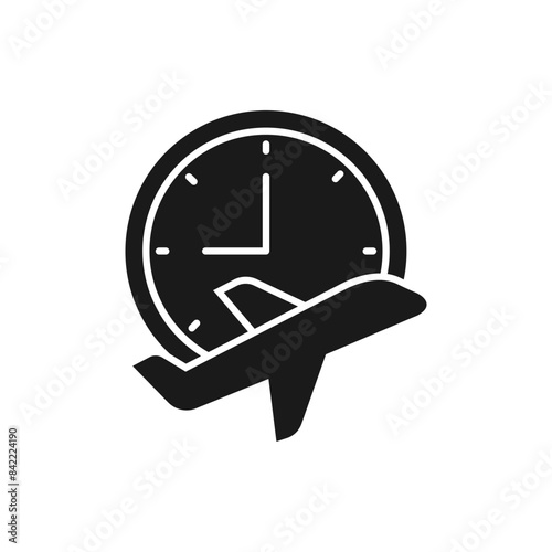 Flight time. Airplane and clock icon flat style isolated on white background. Vector illustration