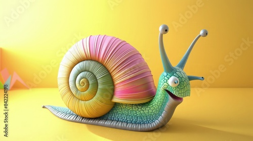 A whimsical 3D cartoon snail with a colorful shell and a gentle smile, positioned as a symbol for a slow fashion brand. Set against a sunny yellow backdrop.