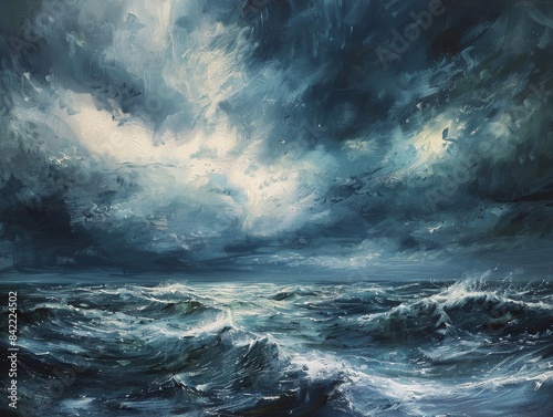 Dramatic Ocean Waves Under Stormy Sky - Captivating Seascape Painting with Turbulent Waters and Dark Clouds