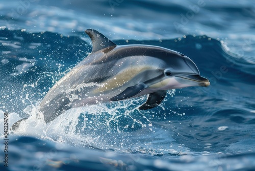 A stunning close-up of a dolphin jumping out of the water  creating splashes in the blue ocean with sunlight reflecting on its sleek body.