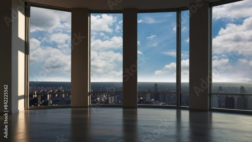 Glass view from a tall building in the middle of a big city business district.