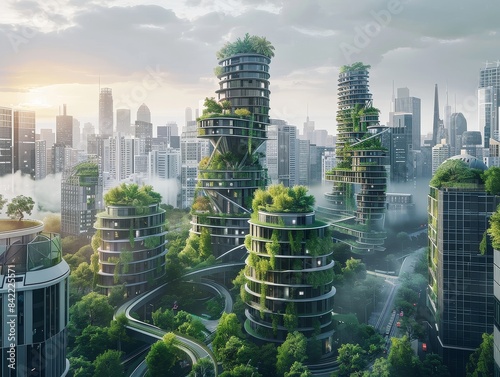 Futuristic Urban Cityscape with Green Buildings and Skyscrapers, Sustainable Architecture, Eco-Friendly Design, Modern Urban Planning, Vertical Gardens, and Lush Greenery in a Foggy Morning