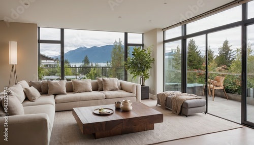 A living room with a fireplace and a view of the mountains