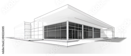 architecture drawing of a building, cement panels and full height aluminum frame windows