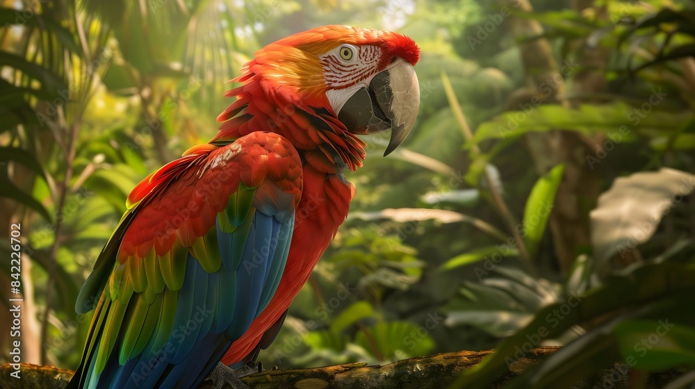 Obraz premium Exotic Amazon Rainforest Landscape with Lush Vegetation, Macaws, and Indigenous Peopl