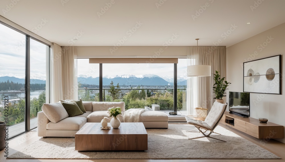 Fototapeta premium A living room with a fireplace and a view of the mountains