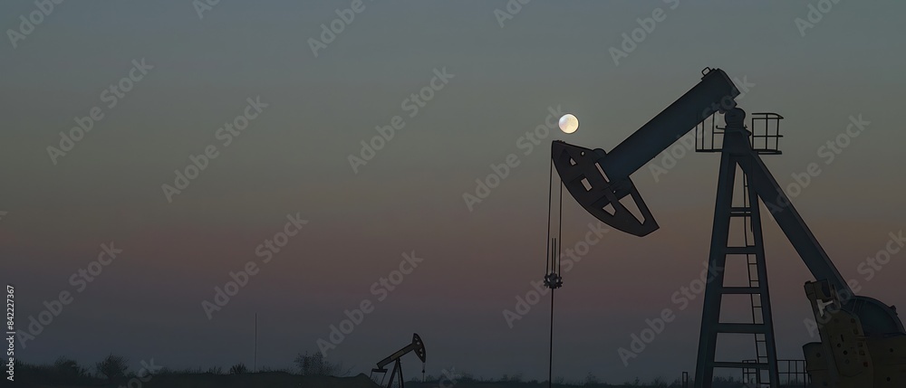 oil pump silhouetted against a grey sky, with a small full moon visible in the background oil pump silhouetted against a grey sky, with a small full moon visible in the background