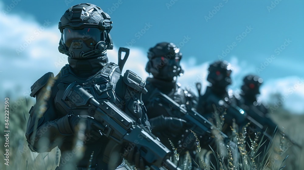 Futuristic Female Soldiers Engage in Tactical Field Exercise with Advanced Military Technology Futuristic Female Soldiers Engage in Tactical Field Exercise with Advanced Military Technology