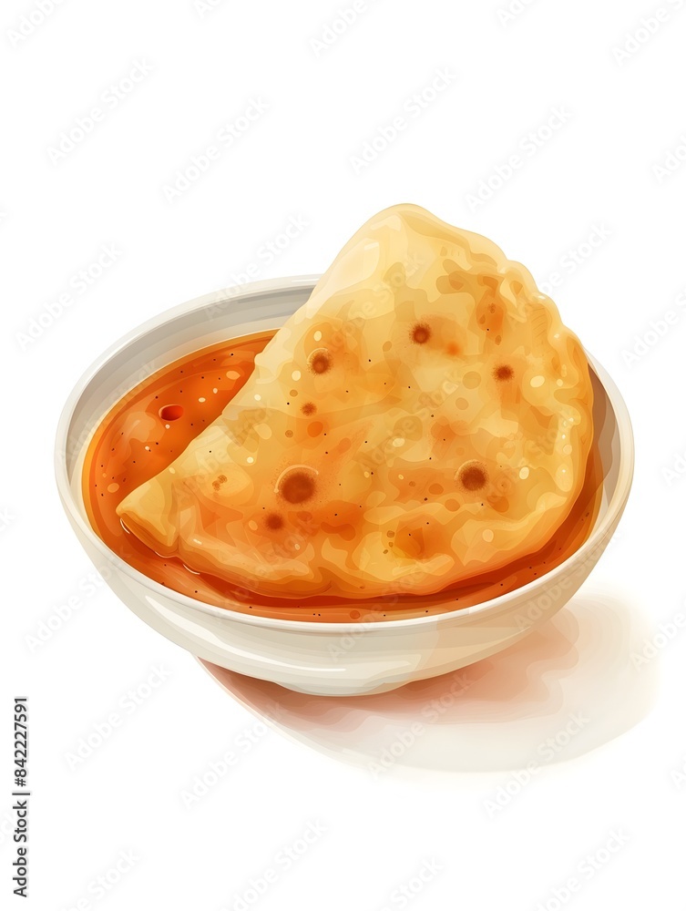 Golden and Flaky Roti Served with Savory Curry Sauce on White Background in Chibi Style Golden and Flaky Roti Served with Savory Curry Sauce on White Background in Chibi Style