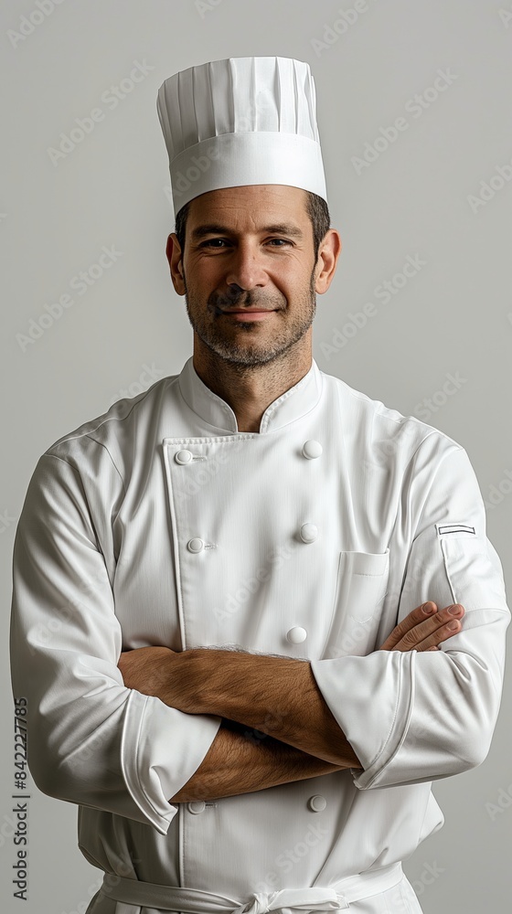 Minimalistic and bright portrait of a chef in uniform, smiling against a white background. The elegant design captures the chef’s professionalism and approachable demeanor.
Minimalistic and bright portrait of a chef in uniform, smiling against a white background. The elegant design captures the chef’s professionalism and approachable demeanor.