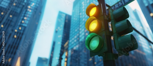 traffic light with green signal on bottom light, in front of skyscrapers, symbolizing the concepts of motion and urban life 