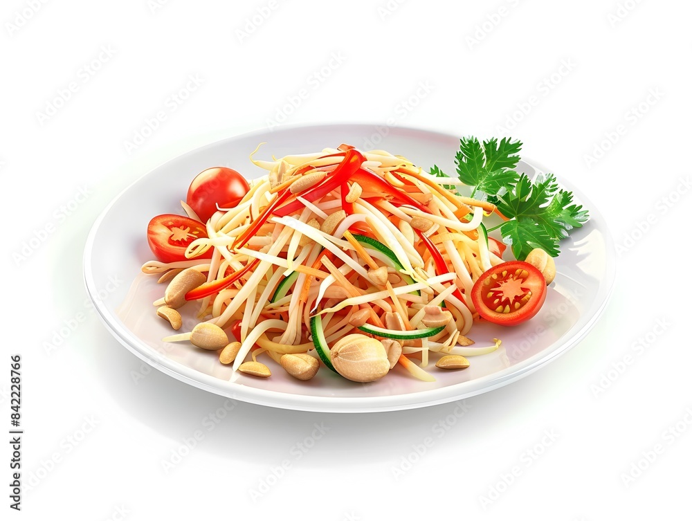 Refreshing Chibi-Style 3D Rendered Som Tum Salad with Green Papaya,Cherry Tomatoes,and Peanuts on White Background Refreshing Chibi-Style 3D Rendered Som Tum Salad with Green Papaya,Cherry Tomatoes,and Peanuts on White Background