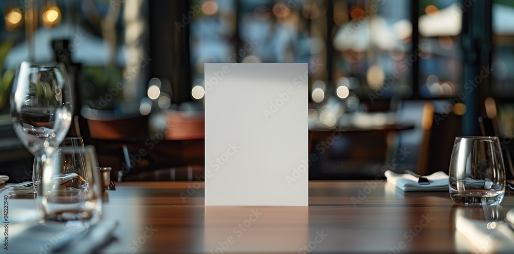Elegant Restaurant Table Setting with White Card, Wine Glasses, and Fine Dining Plates Elegant Restaurant Table Setting with White Card, Wine Glasses, and Fine Dining Plates