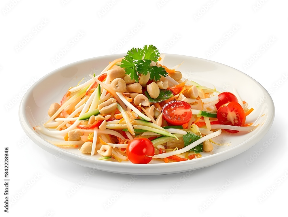 Refreshing Thai Som Tum Salad with Shredded Papaya,Cherry Tomatoes,and Peanuts on a White Plate Refreshing Thai Som Tum Salad with Shredded Papaya,Cherry Tomatoes,and Peanuts on a White Plate