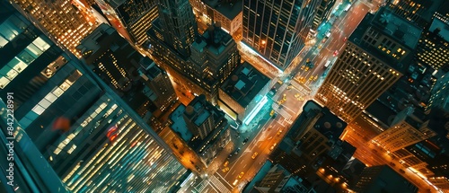 Aerial view of city streets at night, with skyscrapers and busy traffic