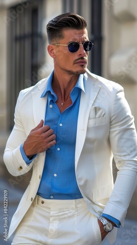 Businessman in a white suit with a blue shirt