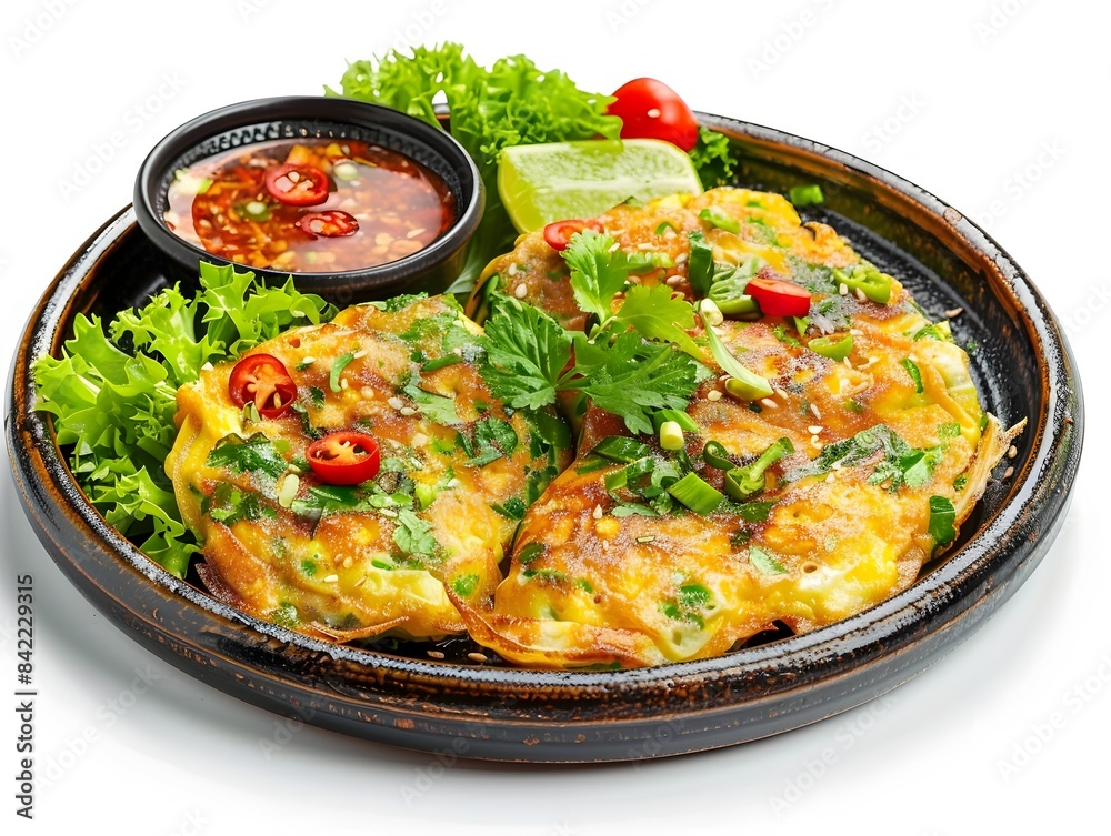 Sizzling Thai-Style Kai Jeow Omelette Loaded with Fresh Herbs and Spicy Dipping Sauce on Plate Sizzling Thai-Style Kai Jeow Omelette Loaded with Fresh Herbs and Spicy Dipping Sauce on Plate