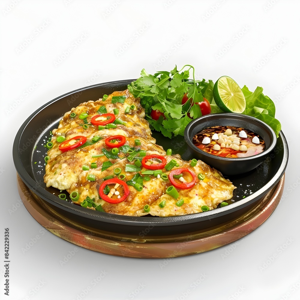 Sizzling Thai-Style Omelette Plate with Spicy Dipping Sauce on Wooden Platter Sizzling Thai-Style Omelette Plate with Spicy Dipping Sauce on Wooden Platter