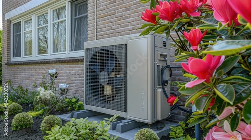 air source heat pump unit installed outdoors at a modern home with bricks in the Netherlands at spring.