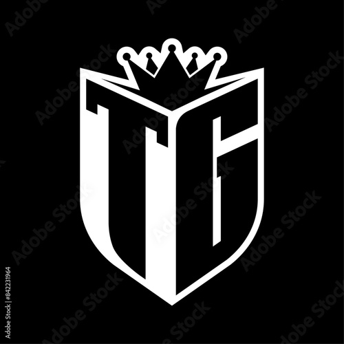 TG Letter bold monogram with shield shape and crown inside shield black and white color design