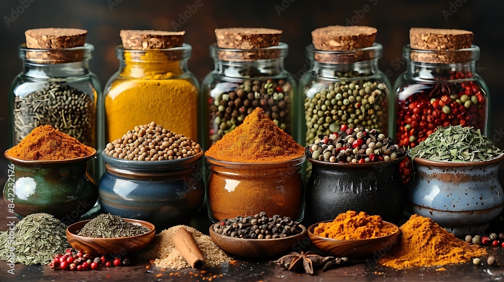 collection of exotic spices and herbs arranged in colorful jars and bowls cut out on an isolated minimalistic background collection of exotic spices and herbs arranged in colorful jars and bowls cut out on an isolated minimalistic background