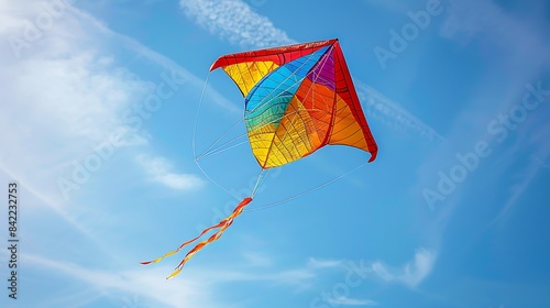 colorful kite flying high against a clear blue sky on a windy day cut out on an isolated minimalistic background photo