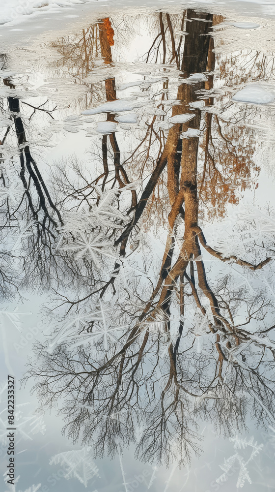 Reflection of bare trees in water with ice crystals, winter nature scene. Tranquil and serene concept Reflection of bare trees in water with ice crystals, winter nature scene. Tranquil and serene concept