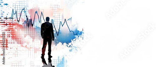 business man silhouette standing in front of a stock market graph, with a white background and blue and red lines representing financial trends