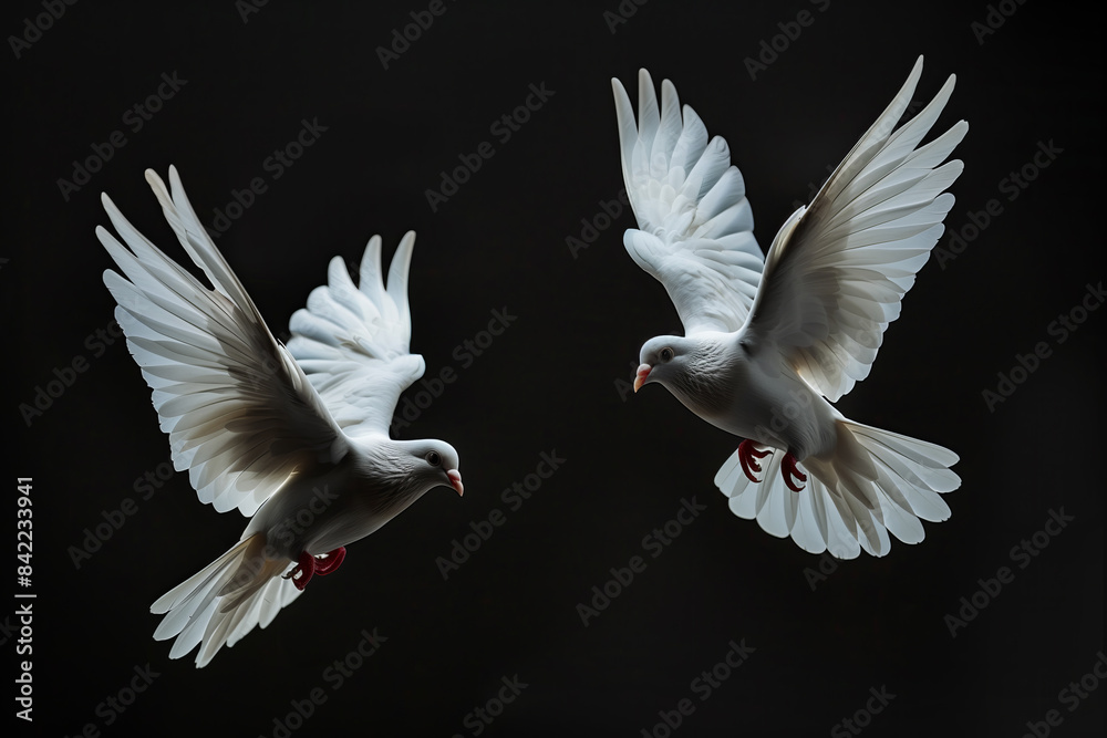 Fototapeta premium wo White Doves in Flight Against Dark Background