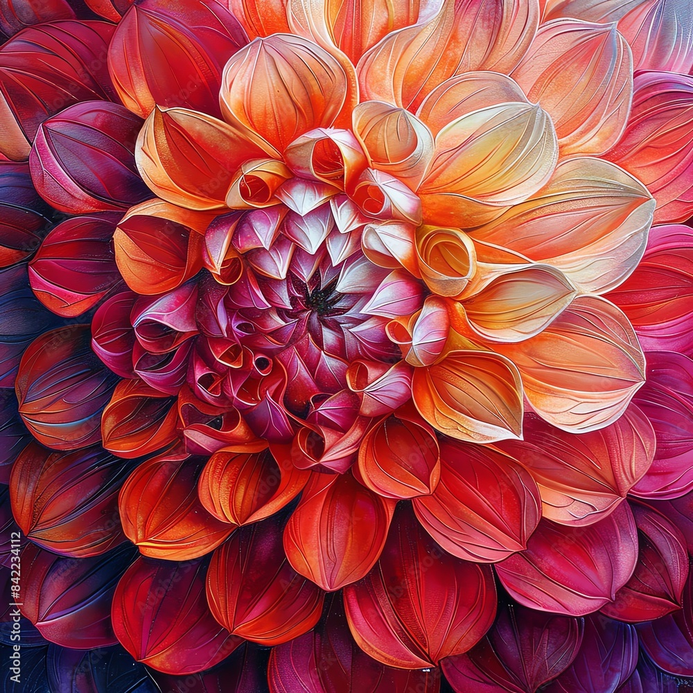 Detailed shot of a dahlia, with focus on the intricate petal structure and vibrant hues