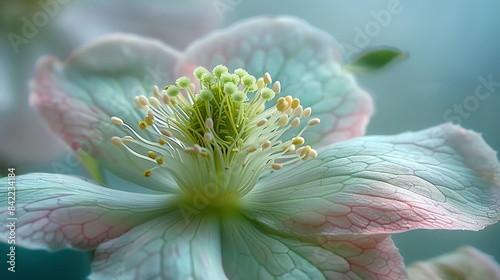 Detailed shot of a hellebore flower, with focus on the unique petal shapes and soft hues