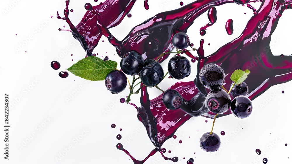 Aronia berries hover in mid-air, ensnared in a captivating swirl of deep purple juice, while droplets of liquid burst forth, enhancing the dynamic movement Aronia berries hover in mid-air, ensnared in a captivating swirl of deep purple juice, while droplets of liquid burst forth, enhancing the dynamic movement