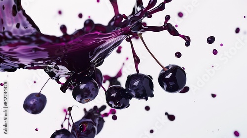 Aronia berries hover in mid-air, ensnared in a captivating swirl of deep purple juice, while droplets of liquid burst forth, enhancing the dynamic movement
