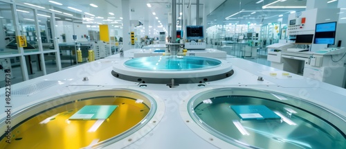 Circular tabletops display the process of fabricating pure glass wafer covers, set against a background of sophisticated machinery and white walls photo