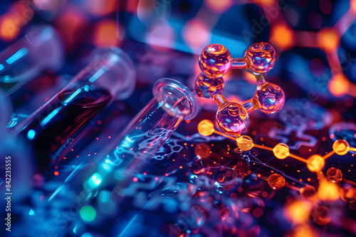 A vibrant molecular structure close up being observed with a pipette and test tubes in colors of purple, magenta, violet, and electric blue, set against a backdrop of glass and liquid