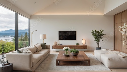 Exquisite living area in a newly built luxurious contemporary house Showcasing high arched ceilings