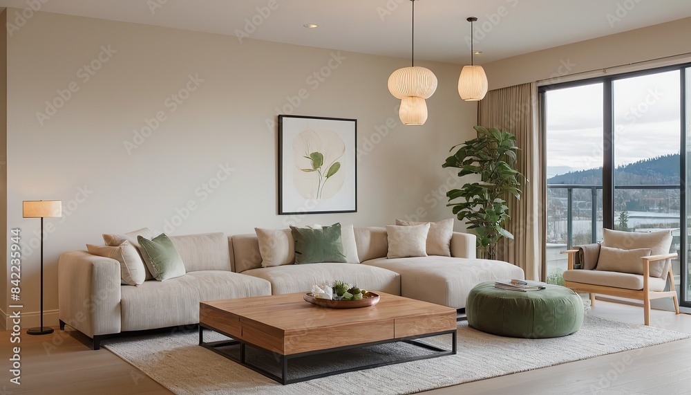 Fototapeta premium Exquisite living area in a newly built luxurious contemporary house Showcasing high arched ceilings