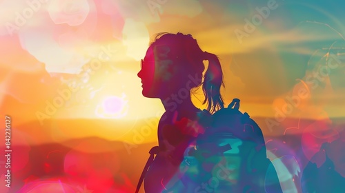 Silhouette of a woman with a backpack standing at sunset with colorful sky.