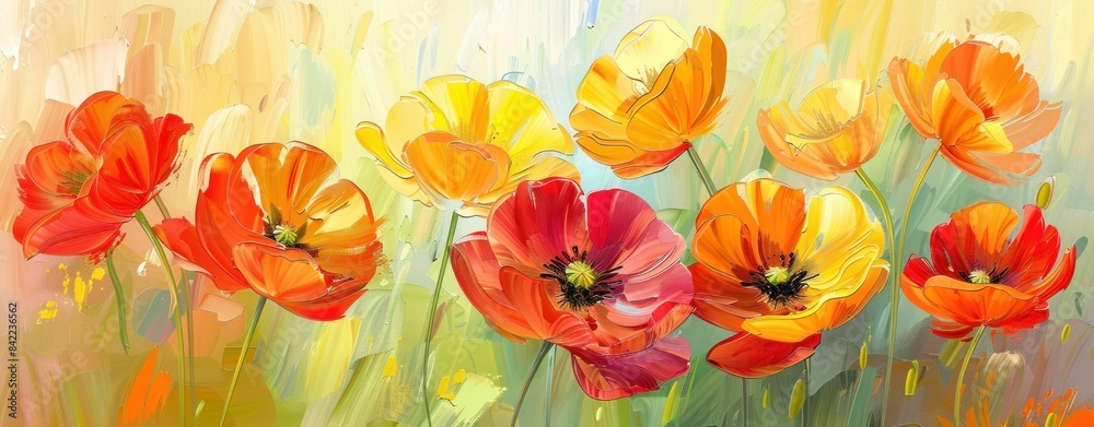 Vibrant Poppies in Red, Yellow, and Orange Blooming Against a Lush Green Background, Symbolizing Beauty and Nature Vibrant Poppies in Red, Yellow, and Orange Blooming Against a Lush Green Background, Symbolizing Beauty and Nature