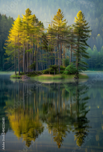 Dense fir tree forest next to a calm serene lake 