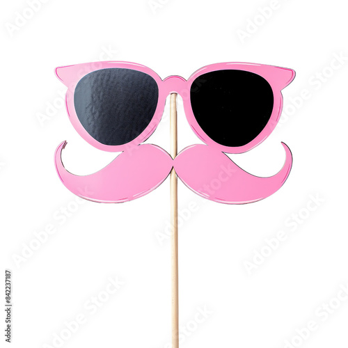 Pink photo booth prop featuring stylish sunglasses and a curly mustache on a stick, ideal for party or event fun. Isolated on transparent background photo