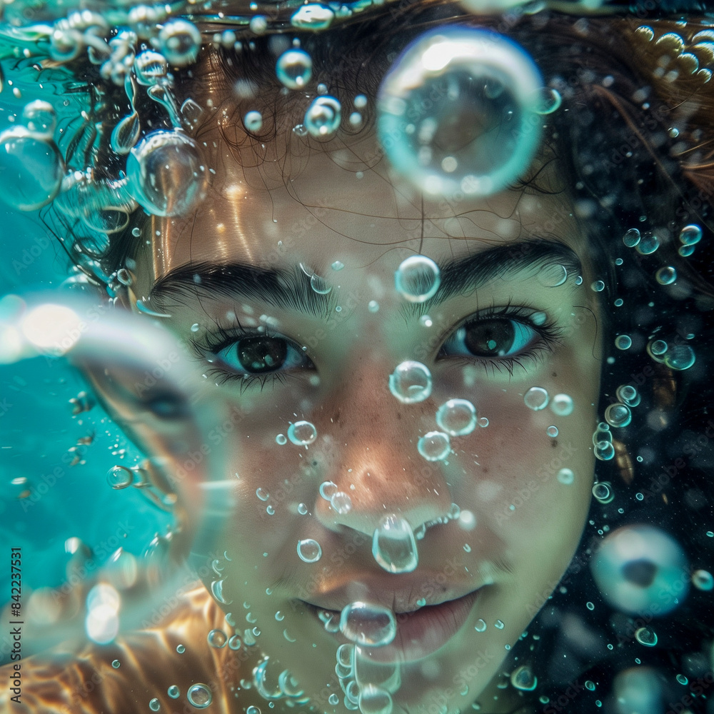 Young girl underwater blowing bubbles - Happy lifestyle Stock Photo ...