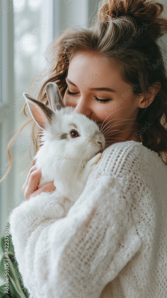 Bright and cheerful portrait of a woman holding a rabbit, isolated on a white background. The minimalistic style highlights their loving bond.
Bright and cheerful portrait of a woman holding a rabbit, isolated on a white background. The minimalistic style highlights their loving bond.