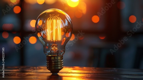 Close-up of an illuminated light bulb with warm bokeh background photo